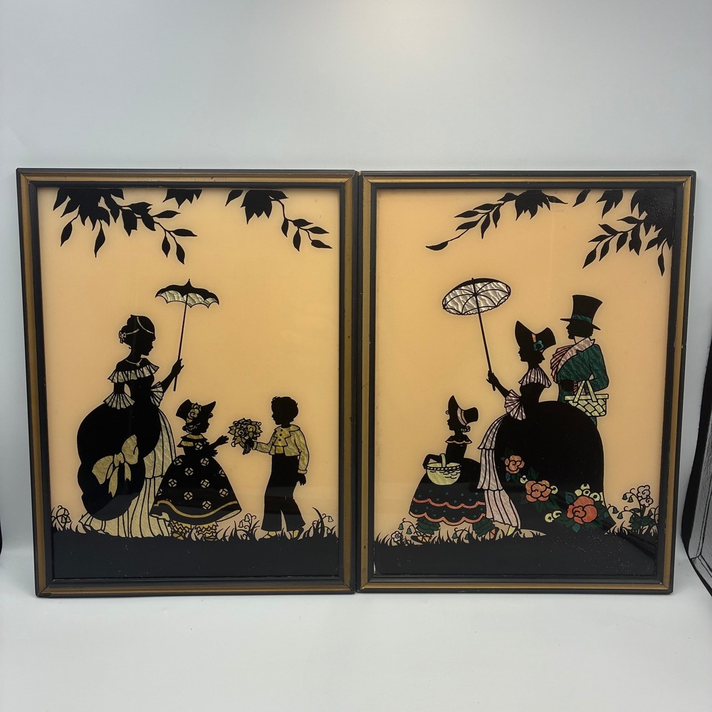 Vintage Reliance Reverse Painted Glass Silhouettes Little Colonial Sweethearts 2